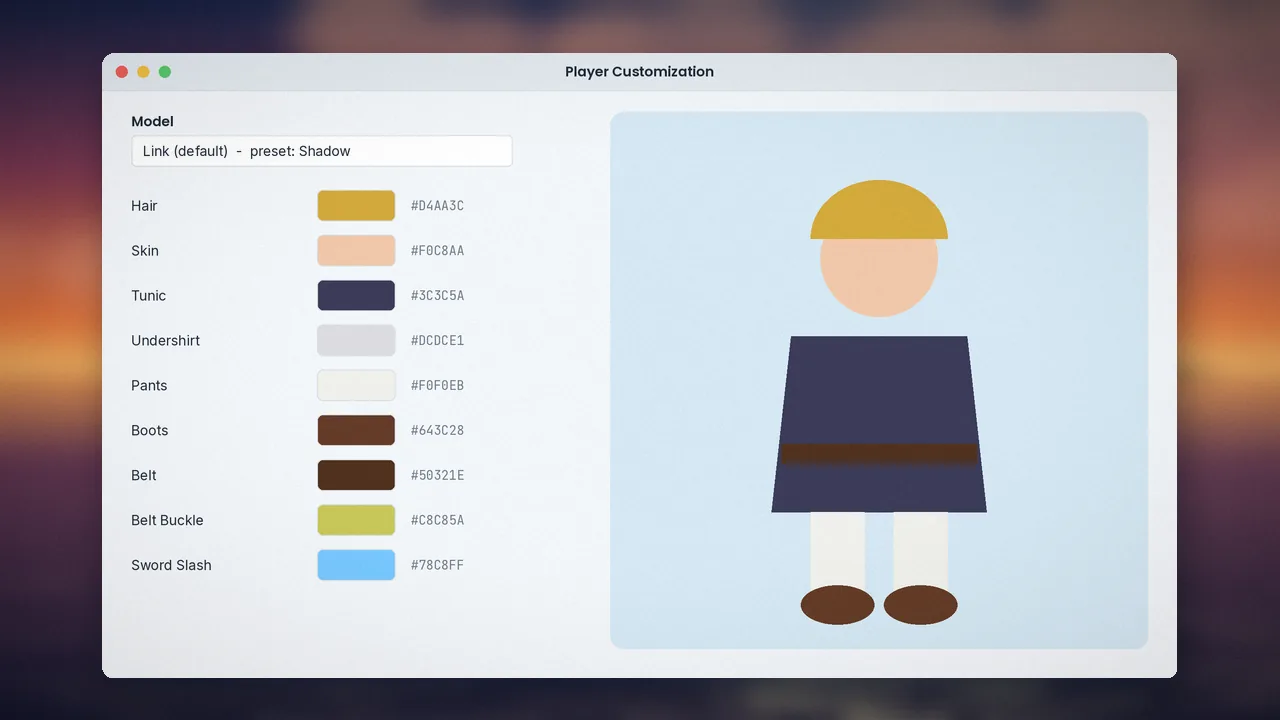 Player customization panel with colour swatches for hair, tunic and boots beside a character preview