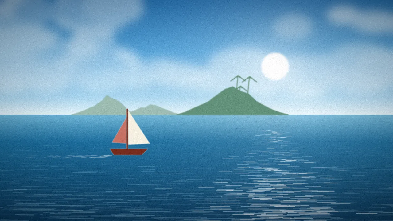 Sailboat with a red and white sail on a sunny blue sea near green islands