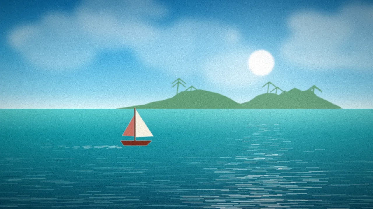 Bright tropical sea with green islands and a small sailboat under a clear sky