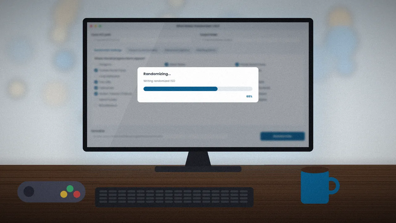 Monitor on a desk showing the randomizer writing a new ISO file before it is opened in an emulator
