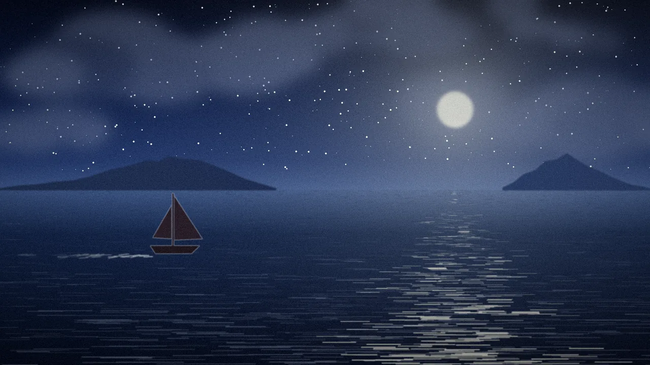 Moonlit sea under a starry sky with dark islands on the horizon