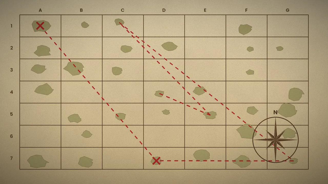 Sea chart with a dotted sailing route and crossed-out islands used to plan an efficient route
