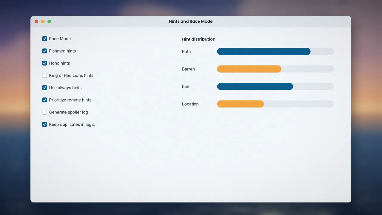 Hints and race mode settings with toggles for fishmen hints, Hoho hints and spoiler log generation
