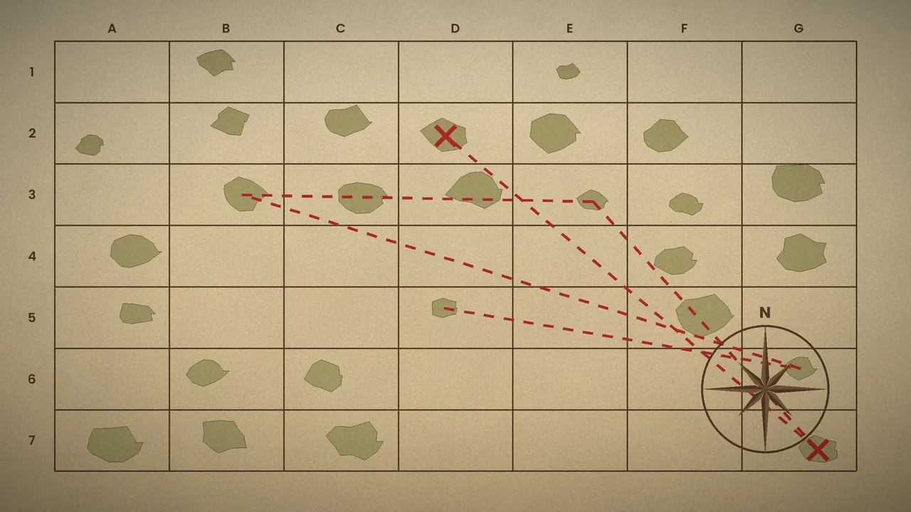 Parchment sea chart with a dotted route linking islands, illustrating how progression locations spread items across the Great Sea