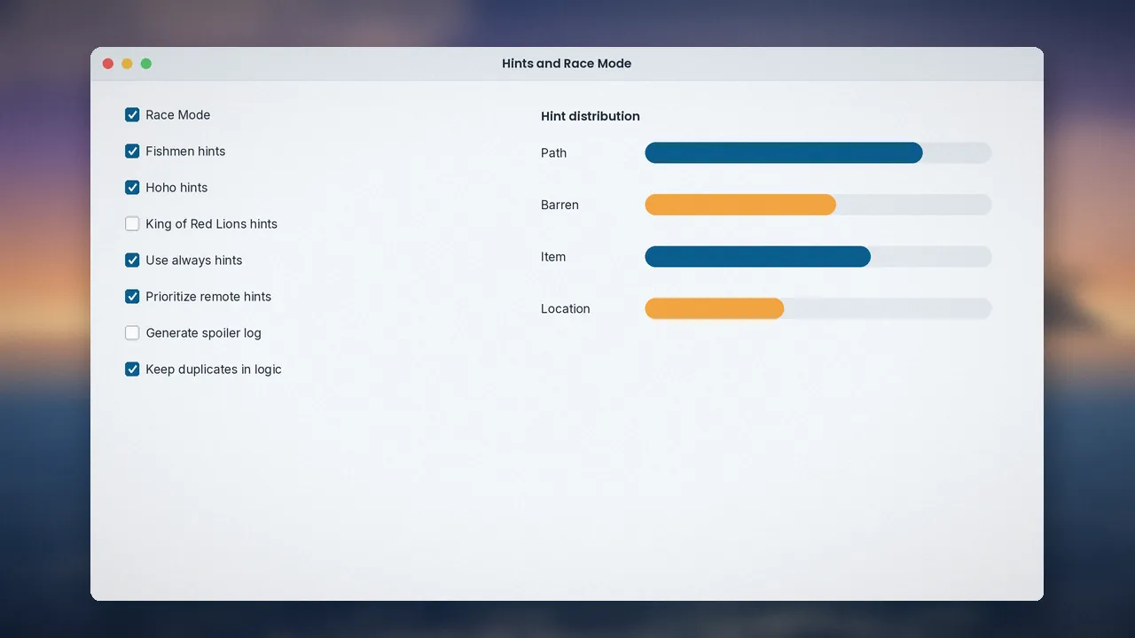 Hints and race mode: Hint sources and race settings side by side