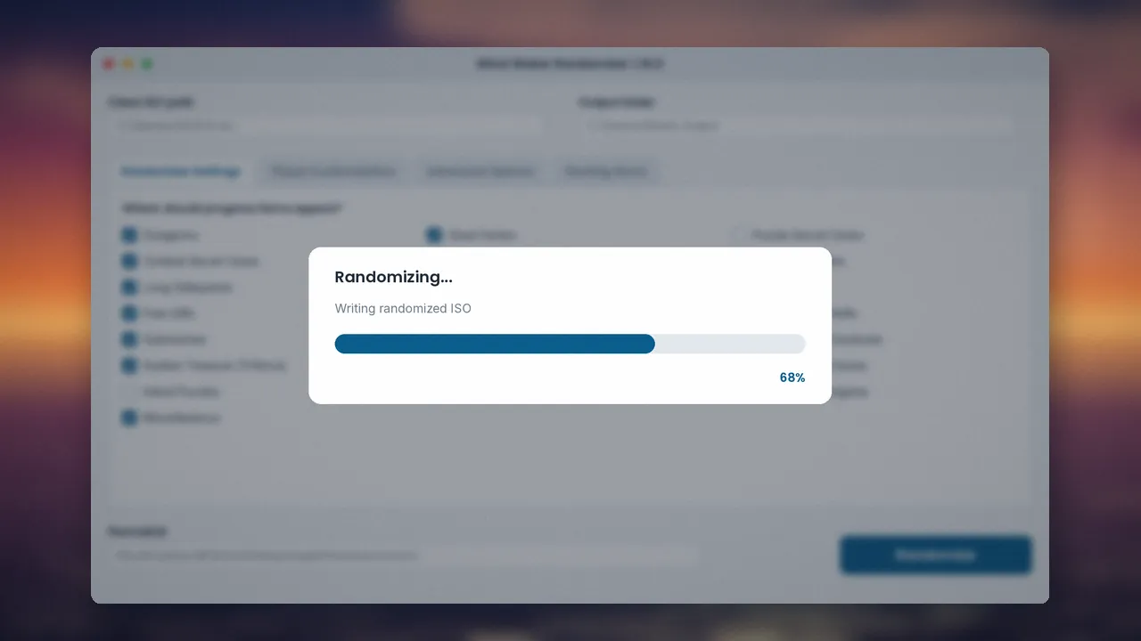 Writing the randomized ISO: Progress dialog while the new game file is created