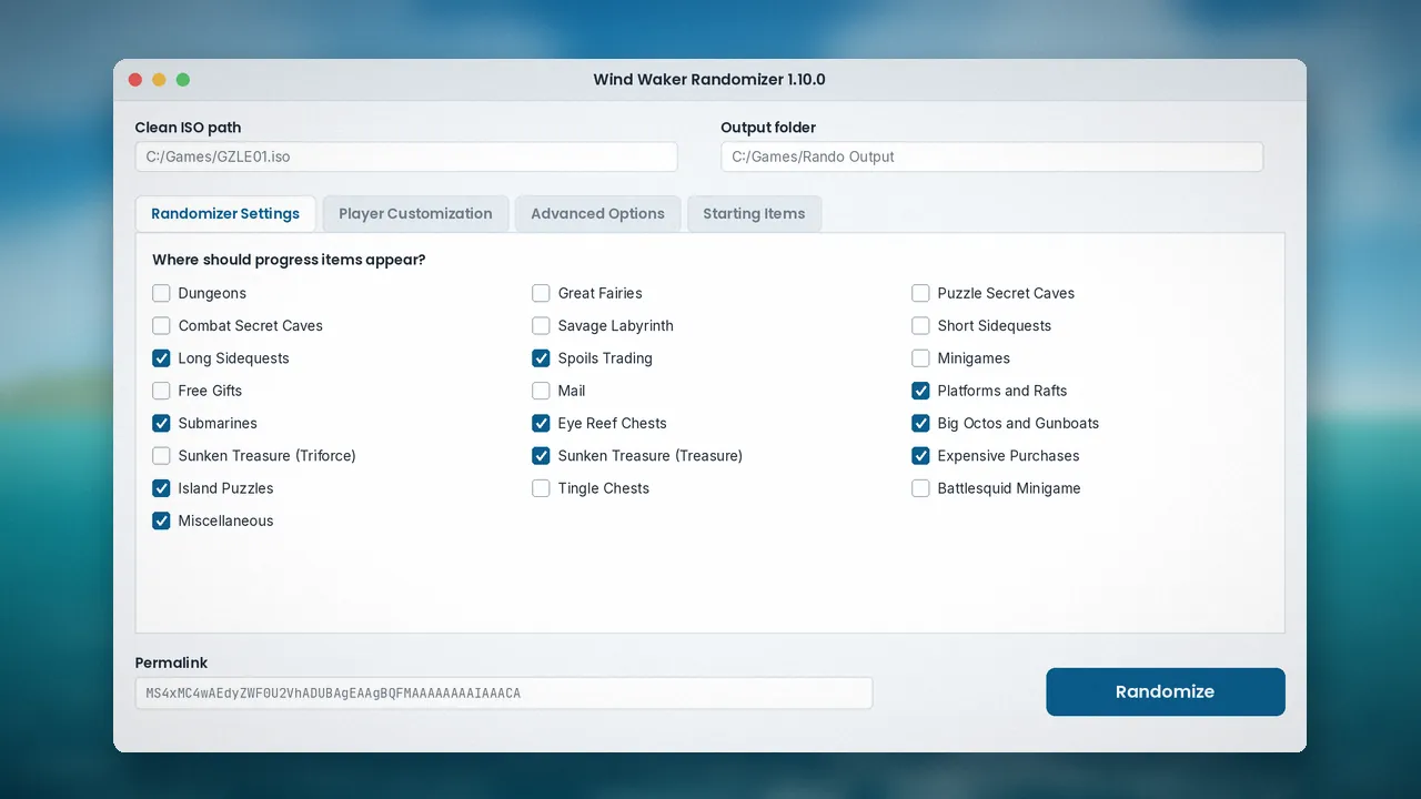 Randomizer settings window: Progression location toggles in the main settings tab